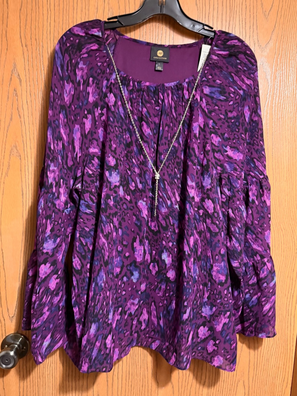 JM Collection Tunic in Purple Multi-Print with Long Sleeves & Removable Necklace